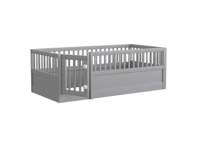  Lit enfant 90×200 cm, lit simple avec barrière, porte et design au sol - sans matelas - en bois massif - gris  - Conforama E