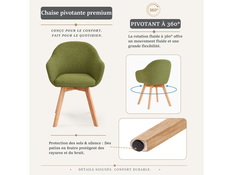 Lot de 6 chaises de salle à manger pivotantes à 360° – tissu effet lin respirant, pieds en bois massif - vert mousse - Conforama R