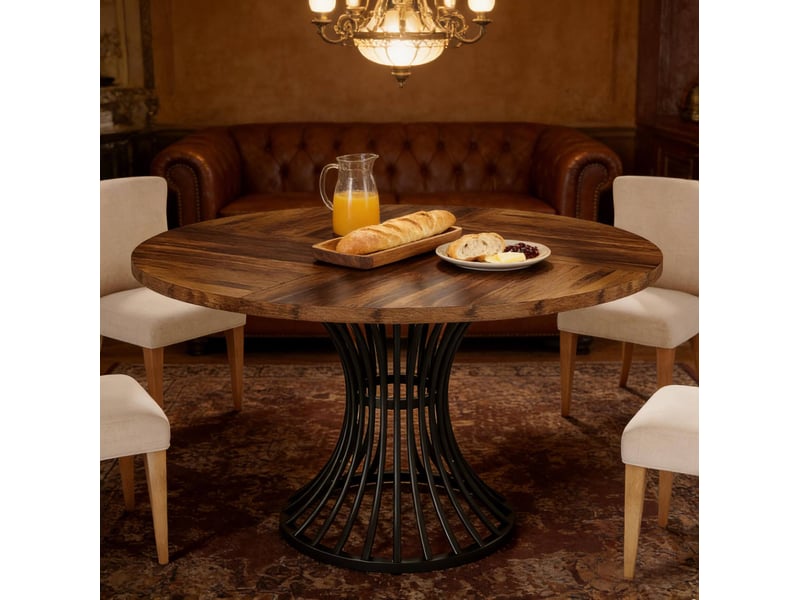  Table à manger ronde, plateau de 119 cm, jusqu'à 6 places, noir et brun rustique  - Conforama B