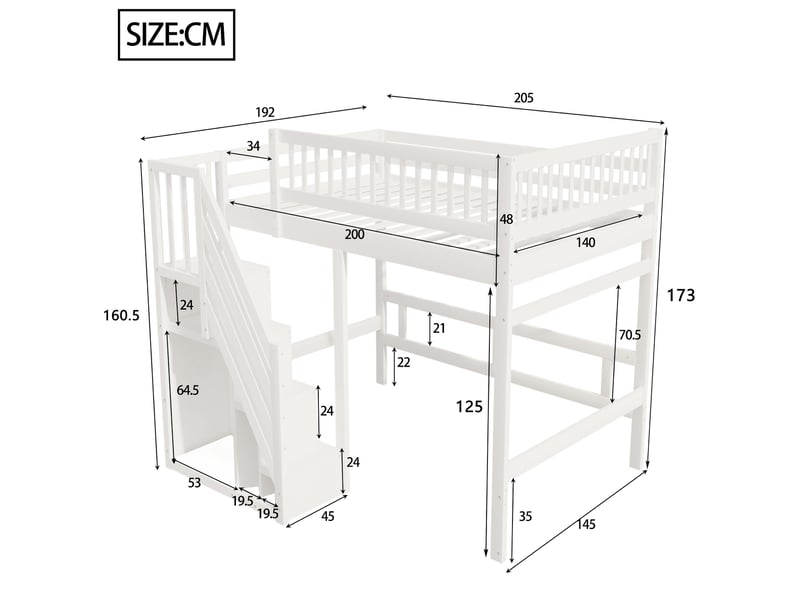  Lit surélevé enfant et adolescent 140 x 200 cm avec escalier de rangement, blanc  - Conforama C