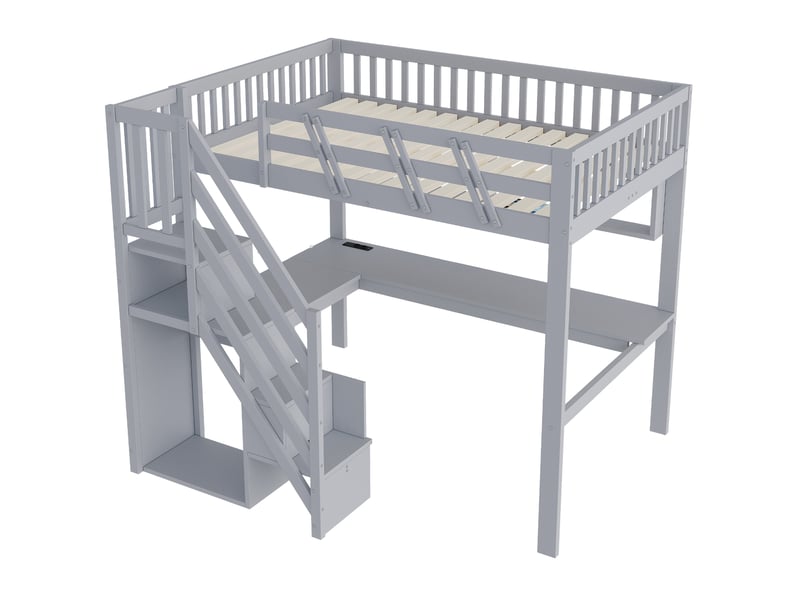  Lit mezzanine 140x200 gris, lit enfant avec bureau intégré, escalier de rangement, led et usb, 205x193.5x170 cm  - Conforama R