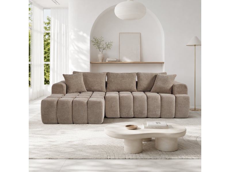 Canapé d'angle 250×160×74 cm 3 places, méridienne gauche en chenille couleur café - Conforama D