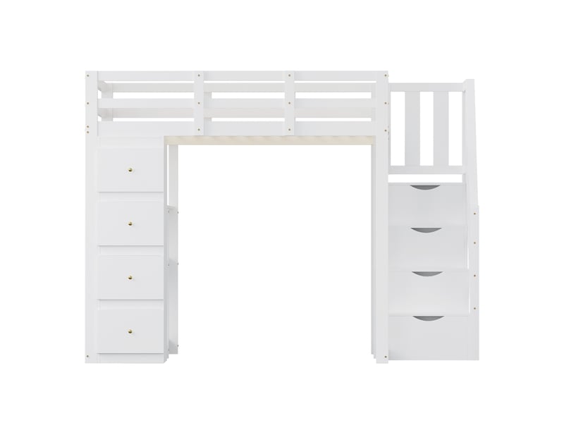 Lit enfant 140x200 cm - lit mezzanine 140x200 - avec commode 4 tiroirs - étagères de rangement - escalier de sécurité et espace - mdf - blanc - Conforama A
