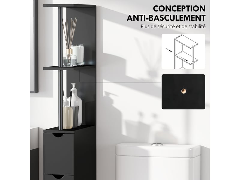  Meuble colonne salle de bain armoire de salle de bain avec tiroirs étagères ouvertes placard noir 15 x 33 x 136,8 cm  - Conforama R