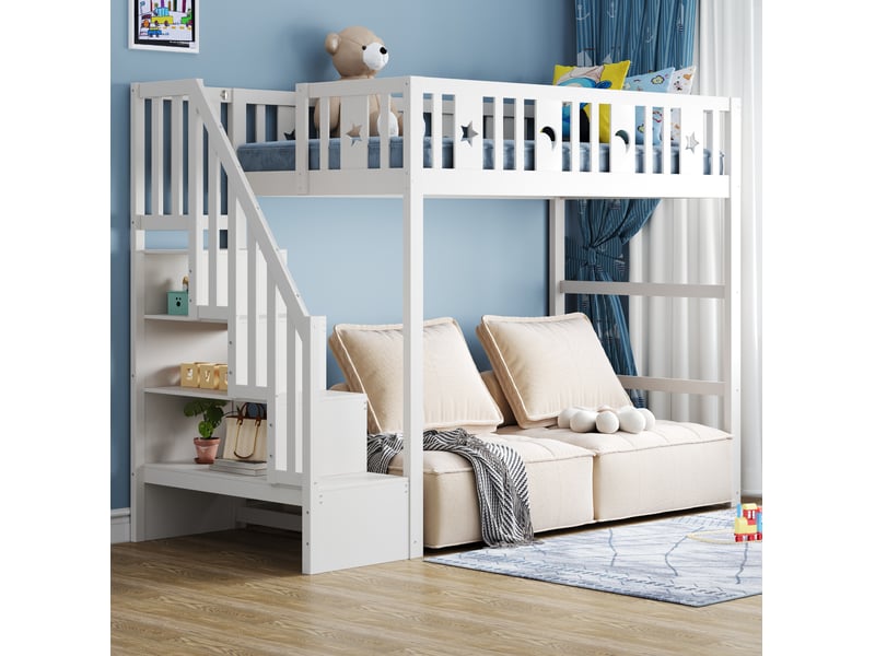 Lit mezzanine enfant 90x200 cm avec escalier, rangements et garde-corps blanc - Conforama B