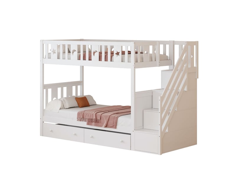  Lit superposé enfant 90 x 200 + 90 x 200 cm escalier de sécurité escalier de rangement 2 grands tiroirs bois massif blanc  - Conforama D