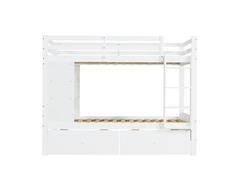 Lit superposé 90x200 cm blanc en bois avec 2 tiroirs étagère ouverte et échelle gain de place pour 2 enfants Sol Morn - Conforama A