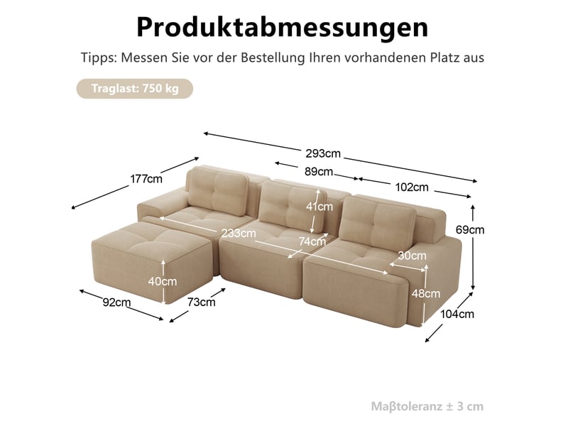 Canapé d'angle modulable 3 places avec ottoman en velours côtelé beige - Conforama E