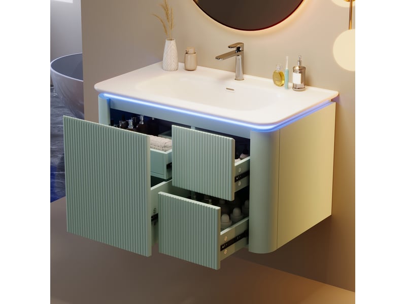  Meuble vasque mural 80,5x47,5x51 cm, led à détection, meuble de salle de bain avec tiroirs, style moderne, mdf vert  - Conforama D
