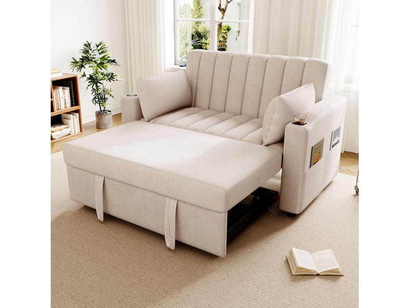  Canapé convertible 2 places avec dossier réglable 3 positions, porte-gobelets et poches, en coton et lin beige  - Conforama C