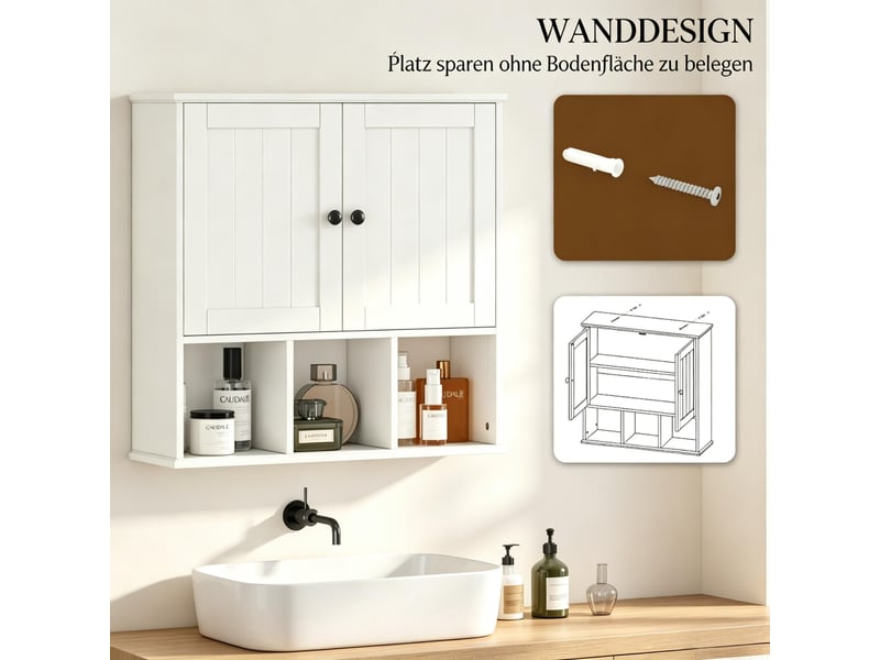 Meuble mural salle de bain, 2 portes, étagère réglable, niches ouvertes, rangement gain de place - Conforama D