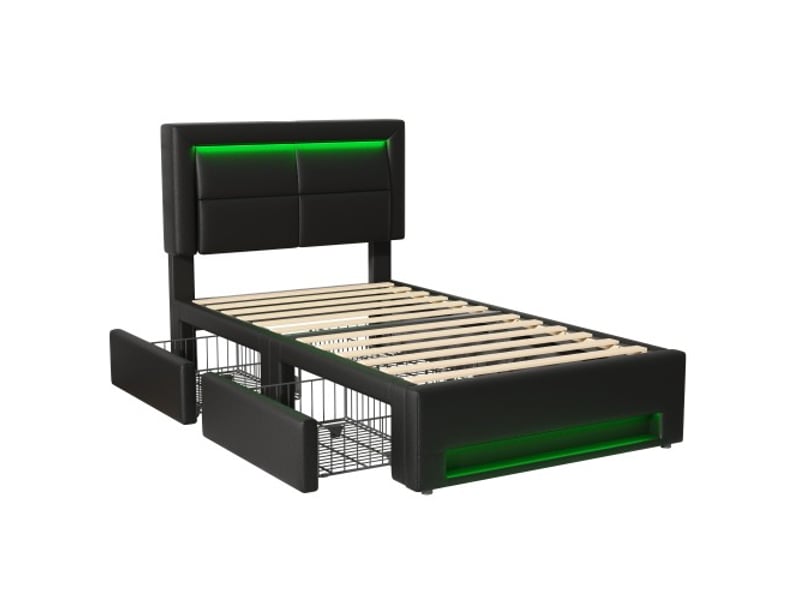  Lit enfant 90x200 cm, lit simple rembourré avec port usb, éclairage led et 4 tiroirs, en pu noir, sans matelas  - Conforama E