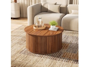 Table basse relevable ronde 88 cm – noyer – plateau réglable avec rangement intégré en mdf pour salon