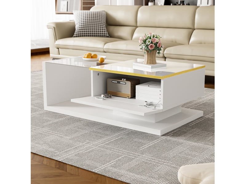  Table basse 90 x 50 x 32,5 cm rangement verre trempé led 16 couleurs pilotable appli panneau particules blanc  - Conforama E