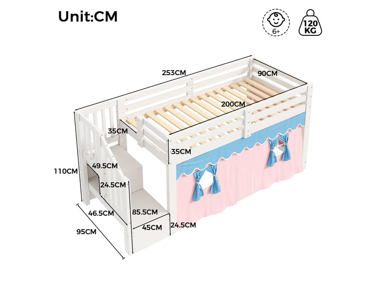  Lit mi-hauteur enfant en pin 90x200 cm, lit enfant gain de place avec rideaux occultants, led, espace de jeu et escalier de rangement, blanc  - Conforama C