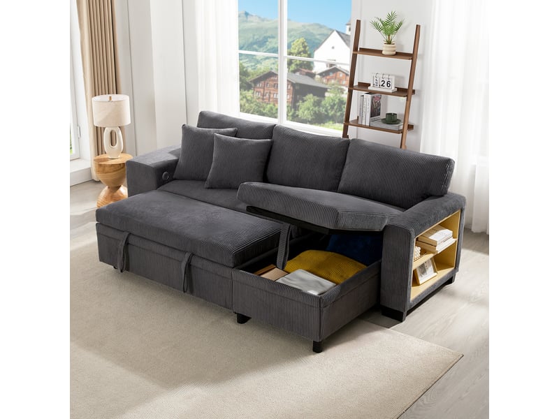  Canapé d'angle convertible 3-4 places 231x131,5x84 cm avec coffre, usb et usb-c, étagère, 2 coussins, velours côtelé gris foncé  - Conforama D