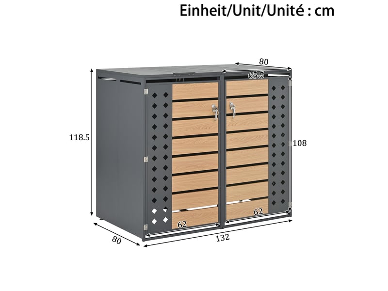  Abri pour poubelles 2 compartiments en acier galvanisé gris effet bois, couvercle hydraulique verrouillable  - Conforama C