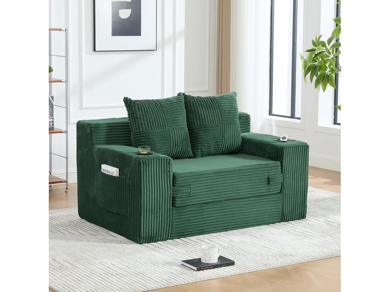 Fauteuil pouf double avec poches et deux coussins, en velours côtelé vert émeraude, 151 × 133 × 64 cm - Conforama C