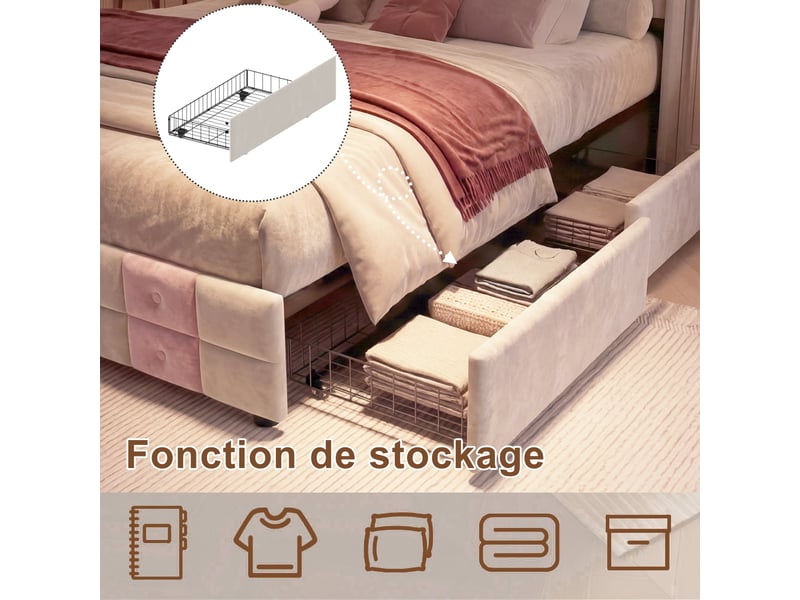 Lit double 140x190 cm, lit coffre avec tête de lit, 4 tiroirs, éclairage led et fonction de chargement usb - motif à carreaux - rose+blanc - Conforama W