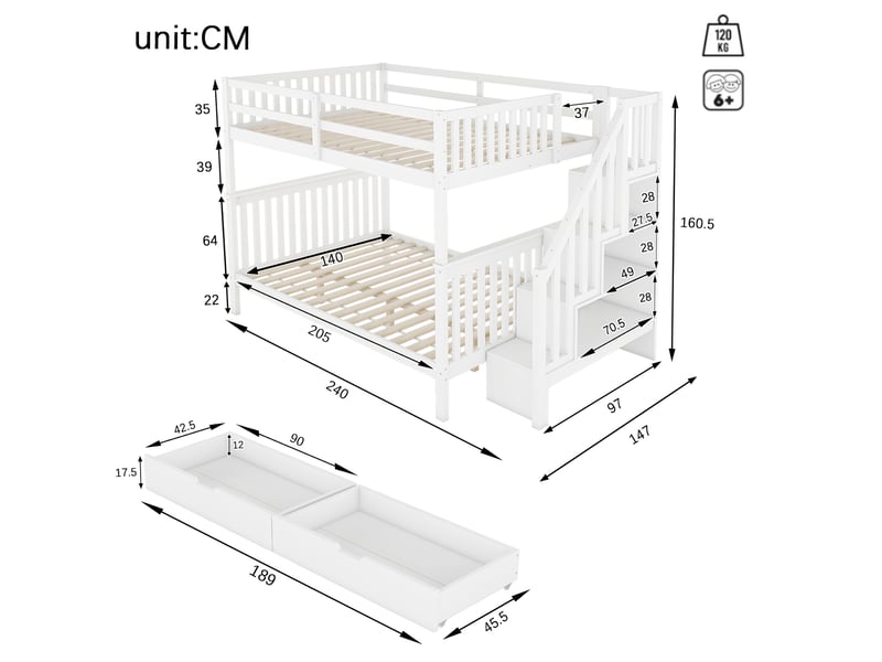  Lit superposé enfant 140 x 200 cm avec escalier, deux tiroirs et garde-corps blanc  - Conforama C