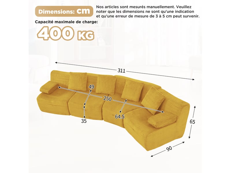 Canapé modulable 4 places 311 x 90 x 65 cm, jaune vif en velours côtelé, 4 modules sans montage pour salon  - Conforama C