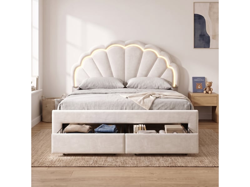  Lit enfant 140x200 cm design coquillage avec led rgb et 2 tiroirs de rangement - structure en velours blanc - sommier à lattes inclus  - Conforama B