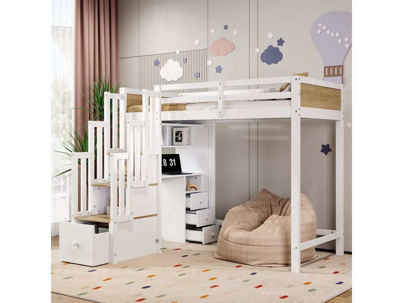  Lit mezzanine enfant 90x200 cm blanc et naturel avec bureau et rangements  - Conforama D
