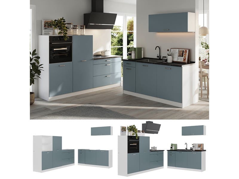  Vicco cuisine, bleu-grisblanc, 220cm plan de travail anthracite  - Conforama D