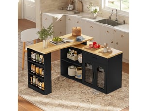 Desserte de cuisine 120x50x78 cm avec plateau pivotant et rangement en mélaminé, meuble cuisine, couleur noir et bois