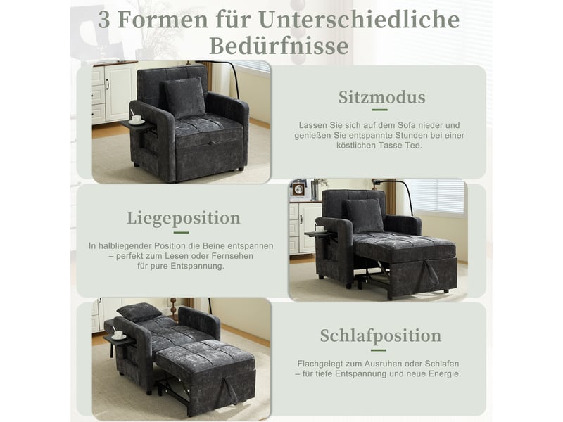  Fauteuil convertible 1 place avec dossier réglable, rangements, tablette et support téléphone en chenille gris foncé  - Conforama E