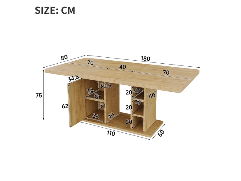Table à manger extensible 6 à 8 personnes avec rangement, style scandinave, mdf chêne, 140 à 180 × 80 cm - Conforama E