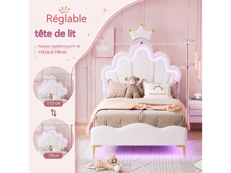  Lit jeune fille 140x190 cm cadre de lit rembourré simili cuir pu, tête de lit couronnée réglable, éclairage led rgb tête + sous lit, lit princesse pour chambre enfant  - Conforama D