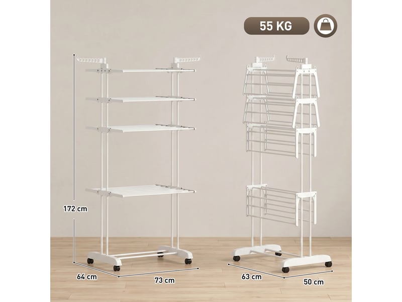  Séchoir à linge pliable 4 niveaux avec roulettes, étendoir linge intérieur avec ailes latérales, cadre en acier, blanc  - Conforama C