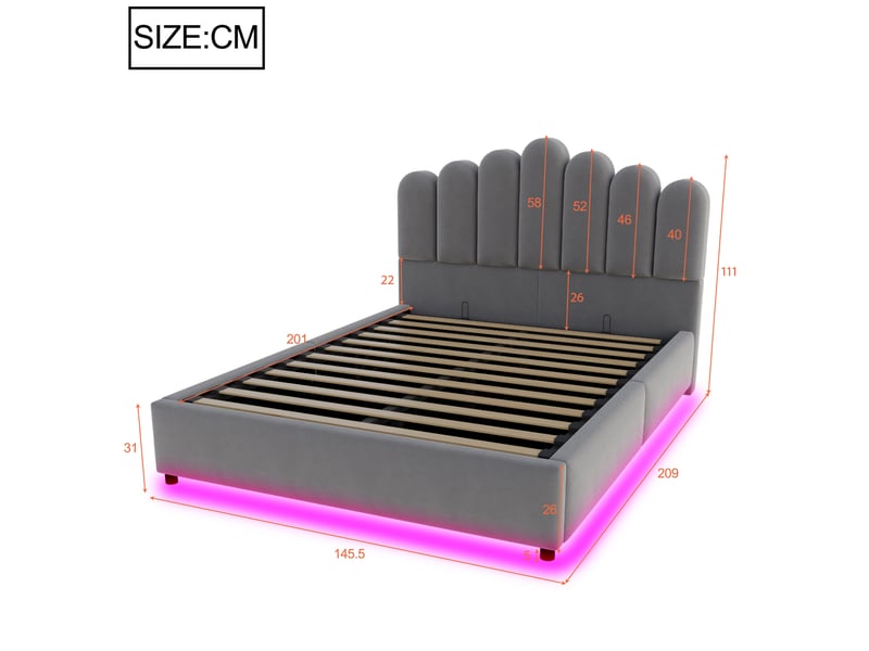  Lit double 140 × 200 cm avec coffre hydraulique, tête de lit rembourrée, led et sommier à lattes pour chambre  - Conforama C