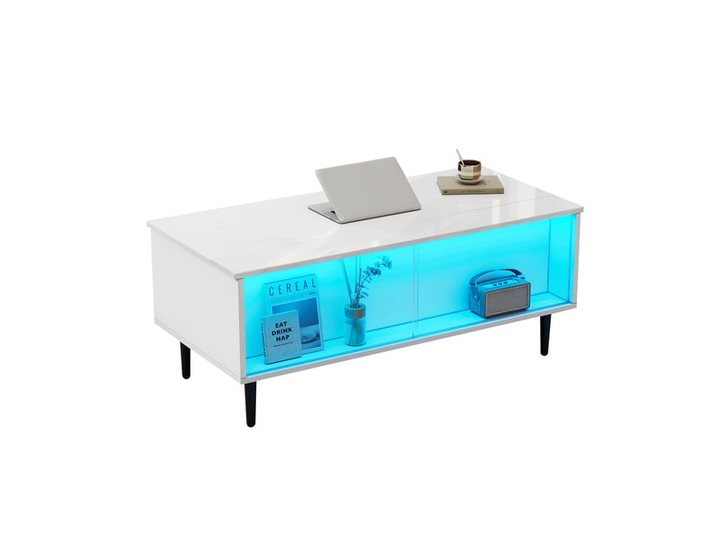  Table basse relevable avec rangement, led et portes coulissantes en verre pour salon, 105 × 50 × 43 cm  - Conforama A