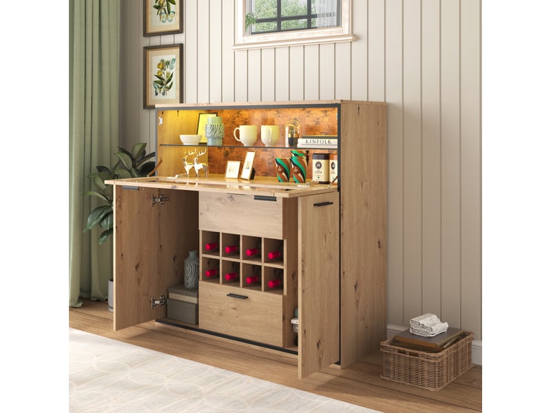 Buffet élégant avec portes doubles, étagères en verre et casier à vin - rangement parfait, bois - Conforama E