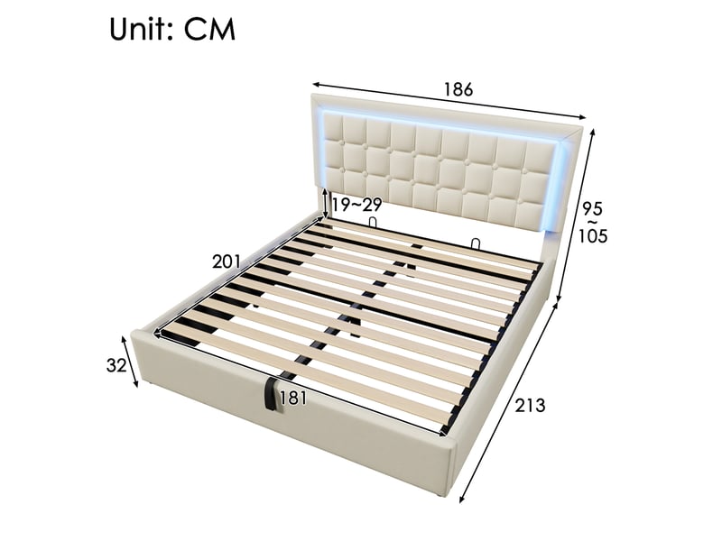  Lit coffre hydraulique 180x200 cm avec sommier à lattes et led, pu blanc  - Conforama C