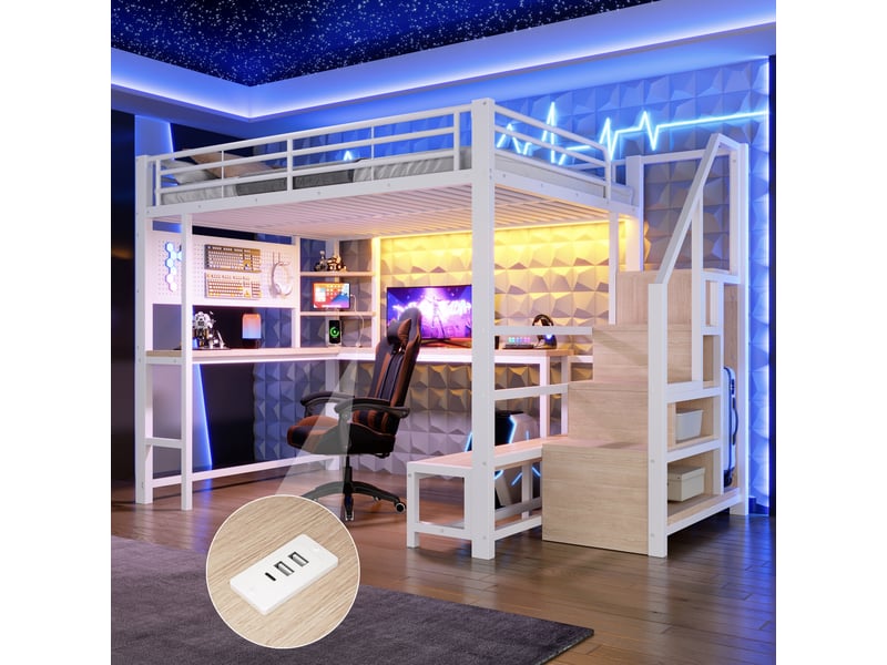  Lit mezzanine 140x200 cm blanc, avec bureau, rangements, panneau perforé, échelle, led, usb-c, structure métal, sommier inclus, sans matelas  - Conforama B