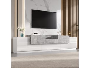 Meuble tv avec tiroir central, étagère verre et klapptür, rangement modulable style moderne pour salon, 200 × 33 × 48.5 cm, en mdf, blanc