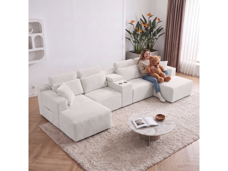 Canapé panoramique modulable en u velours côtelé blanc cassé, 372 x 151 x 80 cm Fay Lum - Conforama W