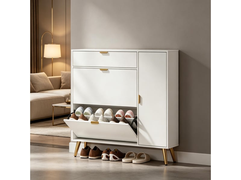  Meuble à chaussures 8 à 12 paires à faible profondeur avec rangement - lpospi - portes abattantes mdf blanc  - Conforama B