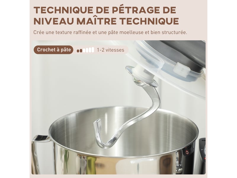  Robot pâtissier 1300 w, robot pétrin professionnel 4,5 l, bol d'acier inoxydable, argent, 6+p vitesses et pulse  - Conforama E