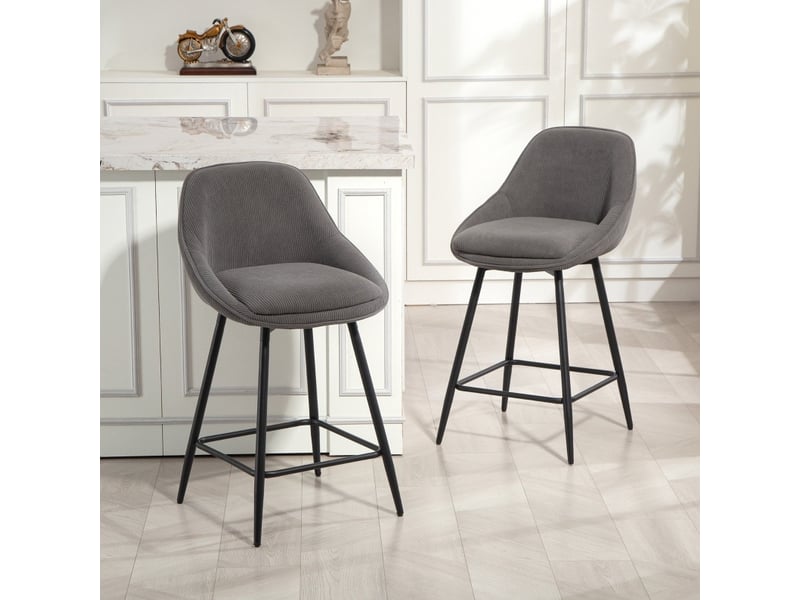 Tabouret de bar lot de 2 pivotant à 360° avec accoudoirs, dossier et repose-pieds en velours côtelé gris - Conforama B