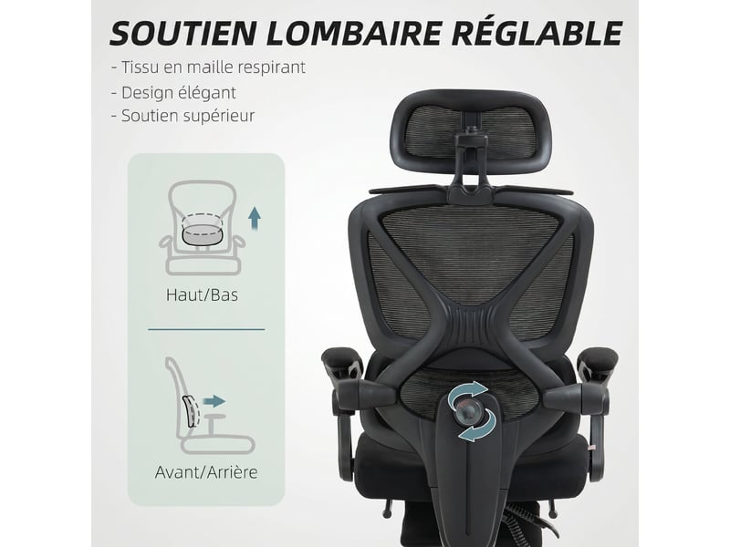  Chaise bureau ergonomique avec appui-tête réglable, fauteuil de bureau inclinable en maille, dossier séparé, noir  - Conforama E