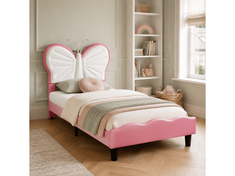 Lit enfant 90x200 avec liseuse, lits 1 personne avec tête de lits réglable en hauteur en forme de papillon, lit capitonné pour fille adolescent, velours, sans matelas (blanc + rose) - Conforama A