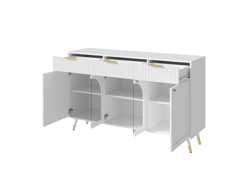  Buffet blanc avec 4 portes et 3 tiroirs, 140x40x85.5 cm  - Conforama D