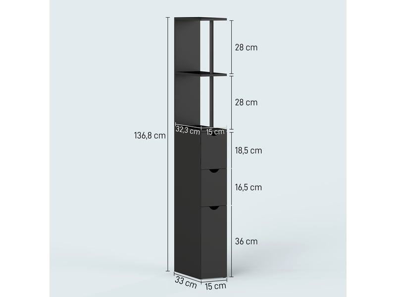  Meuble colonne salle de bain armoire de salle de bain avec tiroirs étagères ouvertes placard noir 15 x 33 x 136,8 cm  - Conforama C
