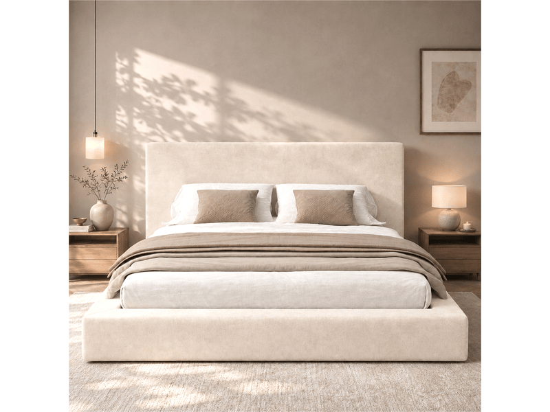  Lit double rembourré 160 x 200 cm, structure stable, tête de lit épaisse, sommier à lattes, chenille, beige Morn Vibe - Conforama D