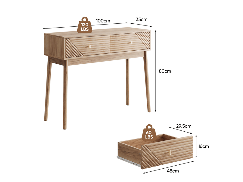  Bureau console avec 2 tiroirs et niches ouvertes style mid-century pour salon et entrée en mdf couleur chêne  - Conforama C
