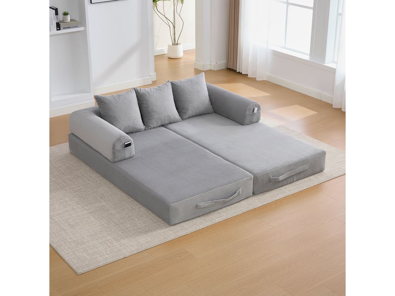  Canapé convertible canapé au sol canapé modulable 3 places canapé compressé en velours côtelé avec structure en métal, gris clair  - Conforama E